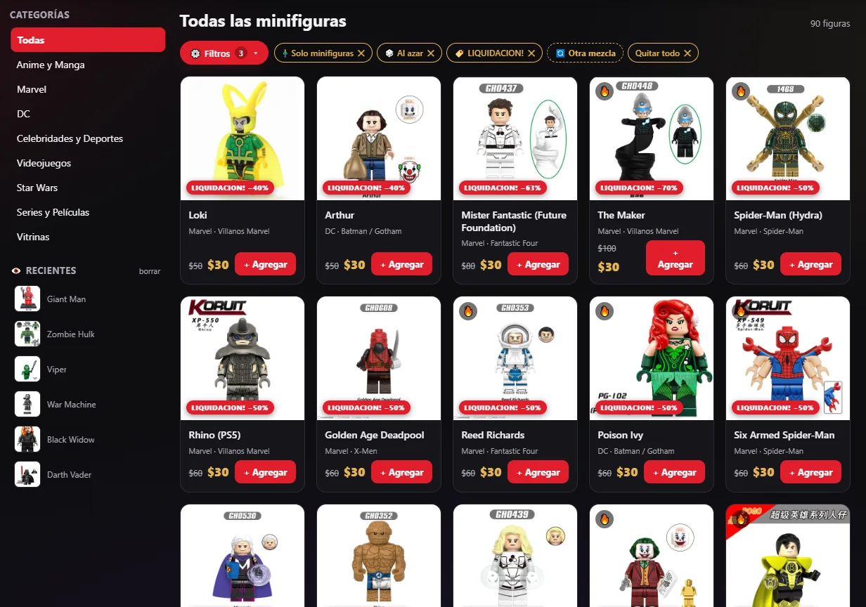 Catálogo de la tienda en línea con filtros por categoría y precios